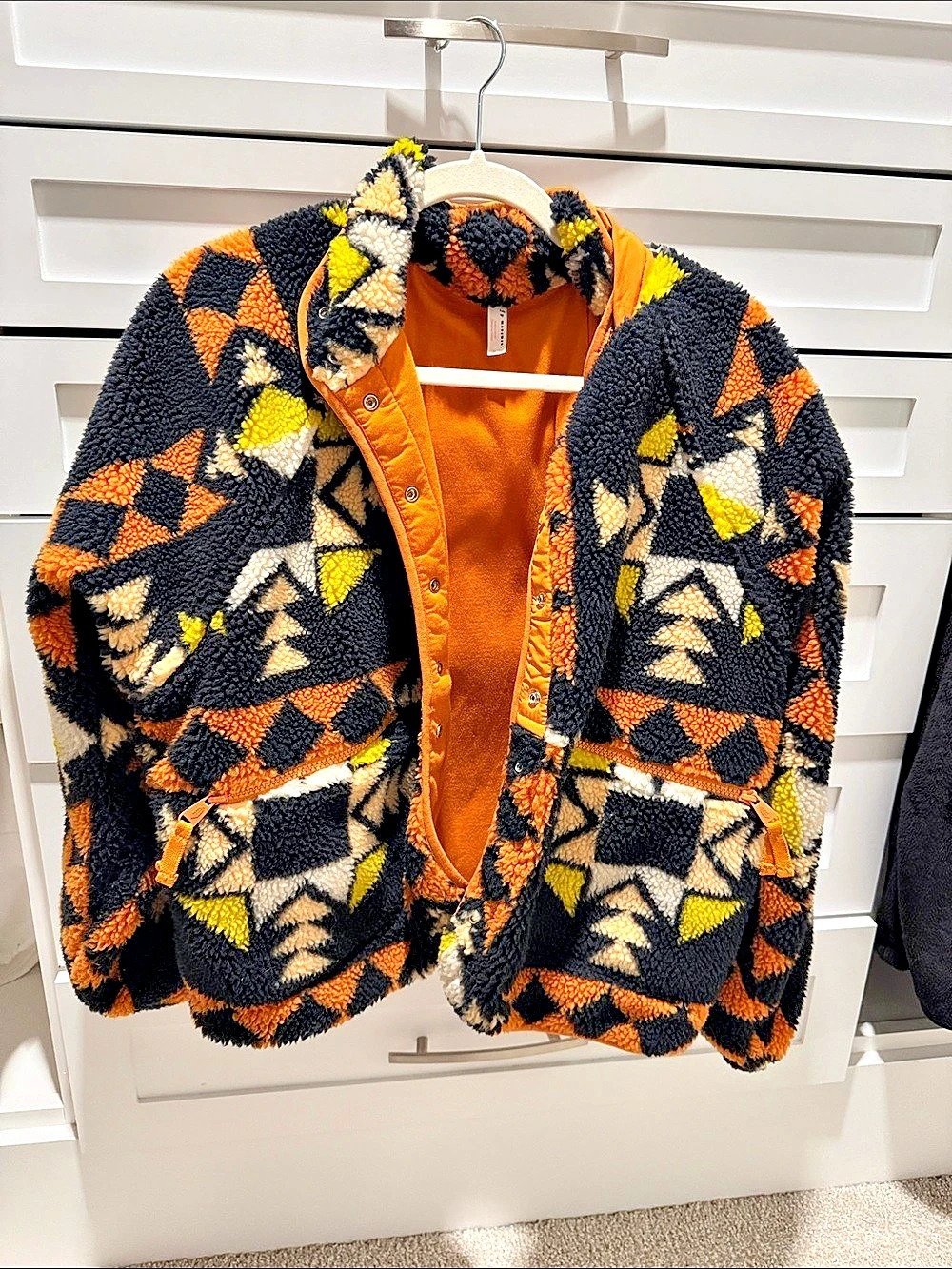 The Mountain Geometric Fleece Jacket in Black & Orange Like New